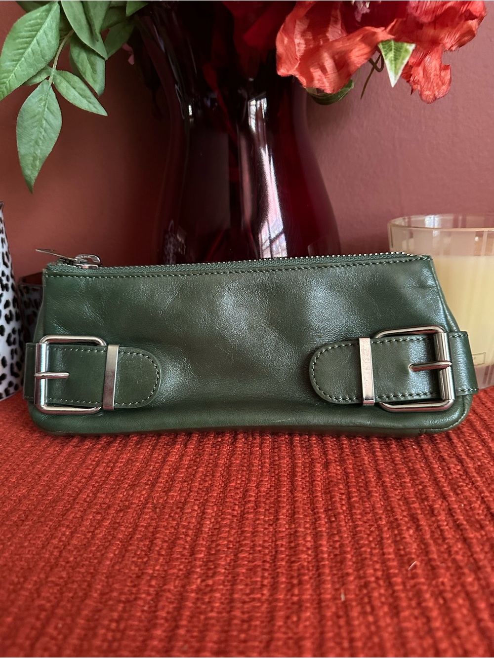 Vintage Green Leather Wristlet Clutch - Sleek Buckle Detail